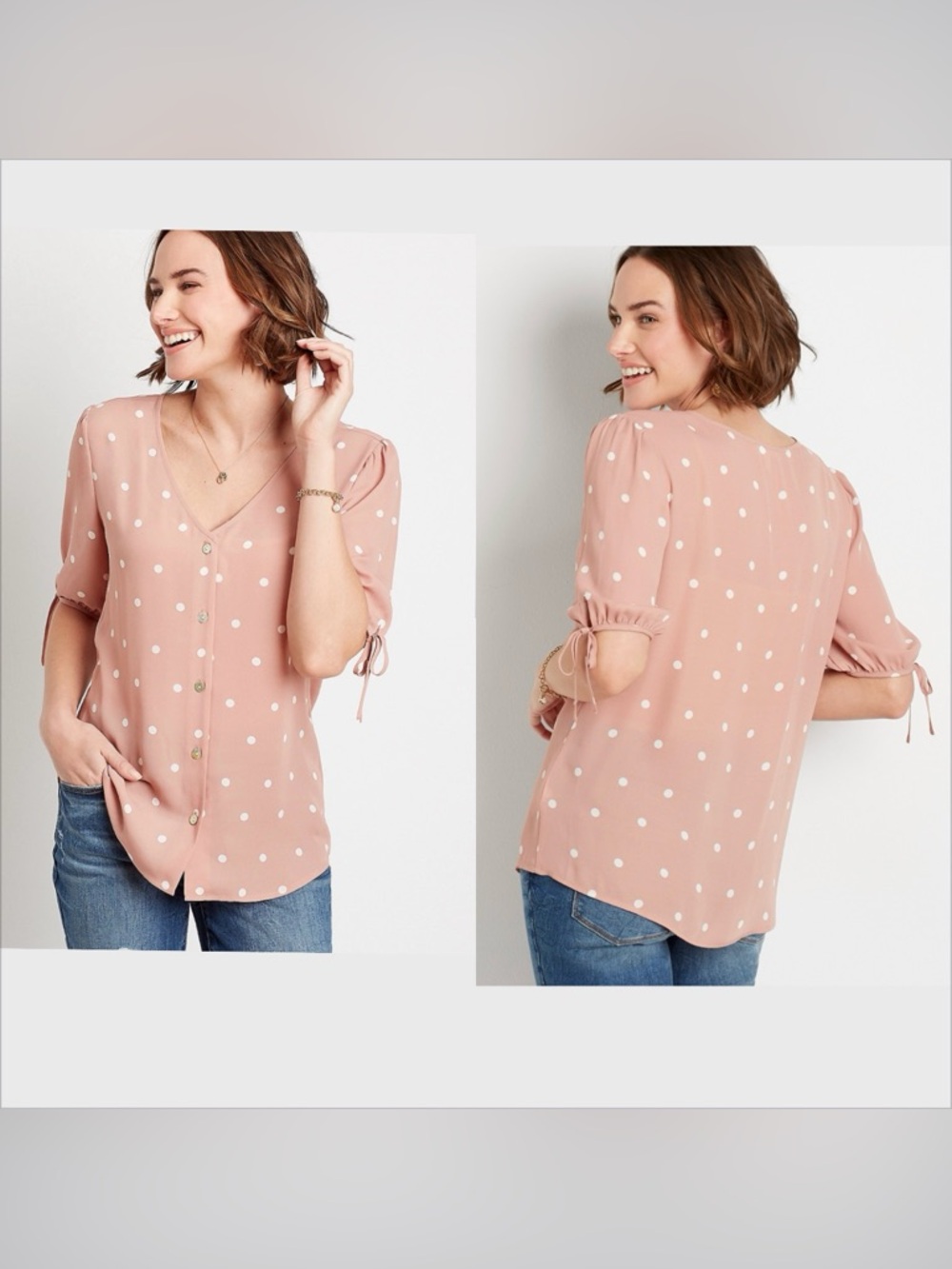 Small brown Polka Dot Tie Sleeve Blouse
polka dot print elbow length sleeve